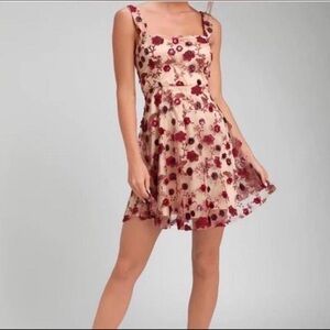 NWT LULUs Floral Embroidered Sequin Nude and Red Satin Cocktail Mini Dress
